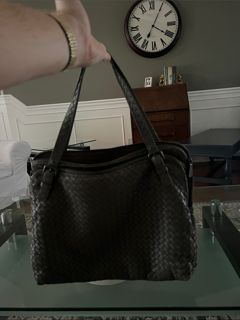Authentic Bottega Veneta dark grey/green leather interatio classic